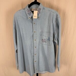 Christine Alexander Women's Denim Shirt USA Flag Rhinestone Blue Cotton Med NWT